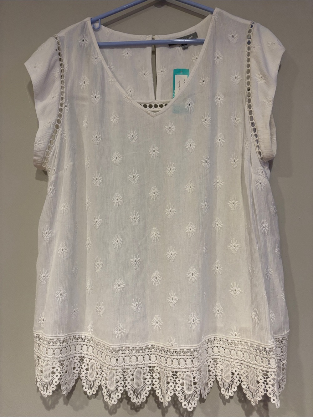 Daniel Rainn White Embroidered Lace-Hem V-Neck Tunic